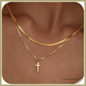 Gold Plated Double Layered Cross Necklace, Minimalist Religious Jewelry